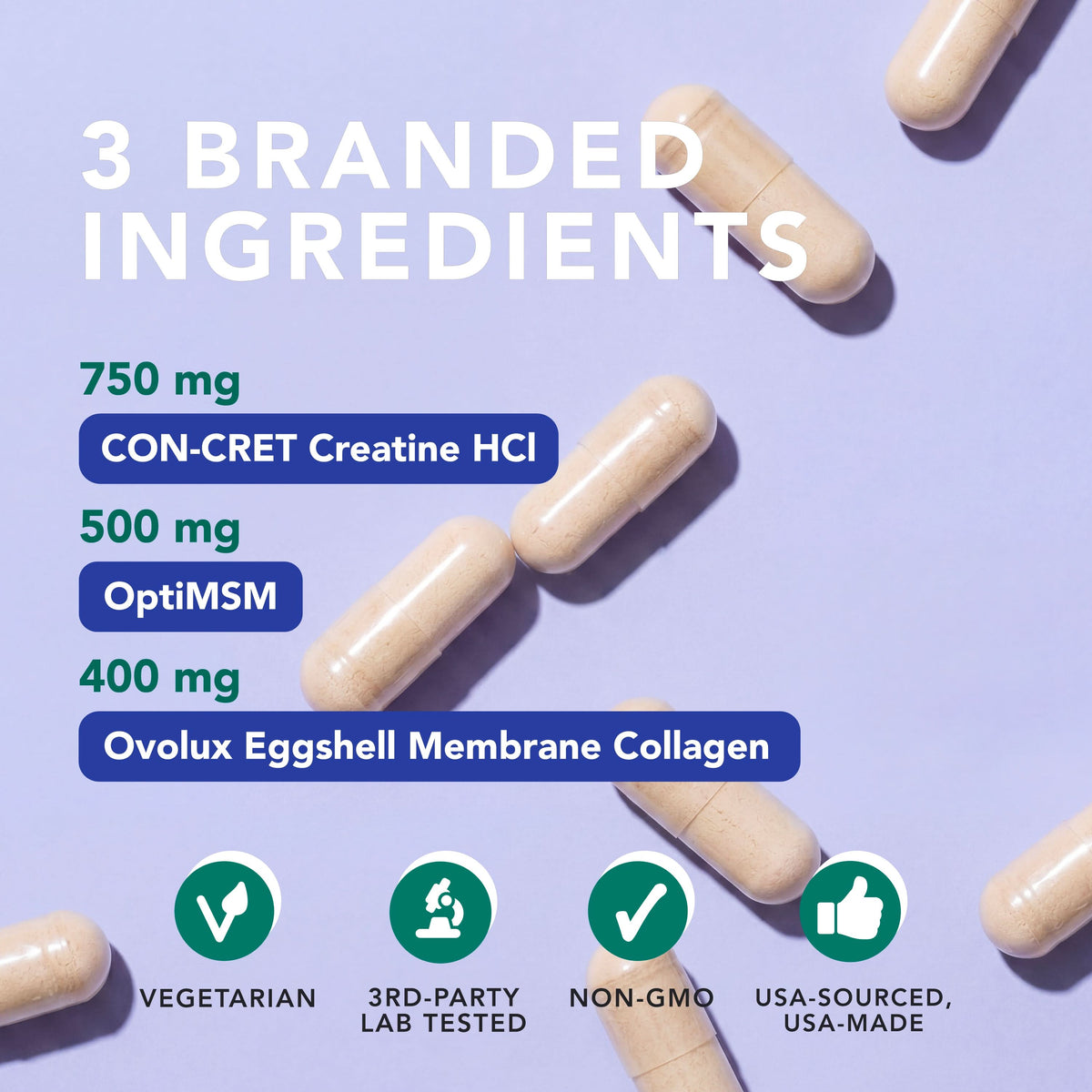 AMANDEAN Creatine and Collagen + MSM Capsules - CON-CRET HCl, OVOLUX Eggshell Collagen and OptiMSM