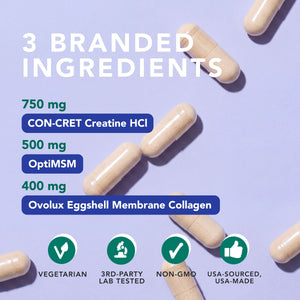 AMANDEAN Creatine and Collagen + MSM Capsules - CON-CRET HCl, OVOLUX Eggshell Collagen and OptiMSM