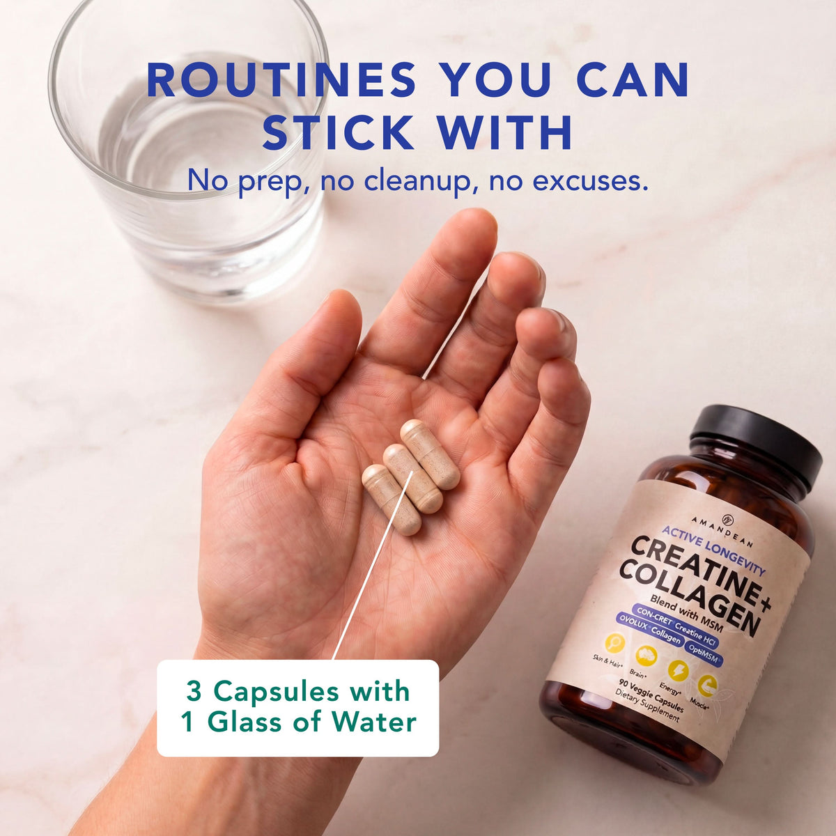 AMANDEAN Creatine and Collagen + MSM Capsules - CON-CRET HCl, OVOLUX Eggshell Collagen and OptiMSM