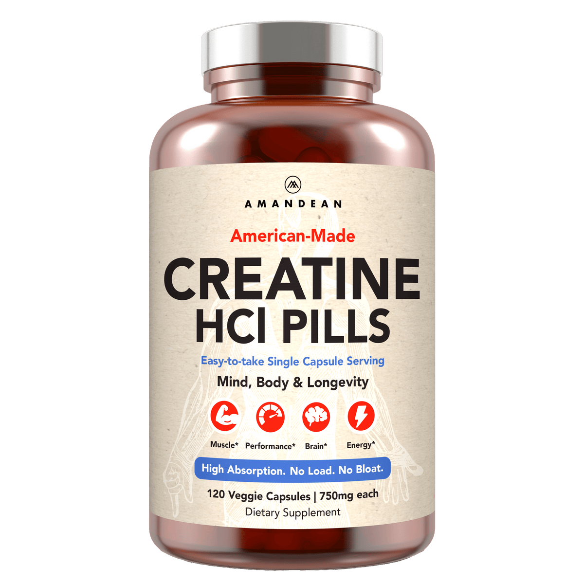 American-Made Creatine HCl (120 Veggie Capsules) Creatine HCl Amandean 