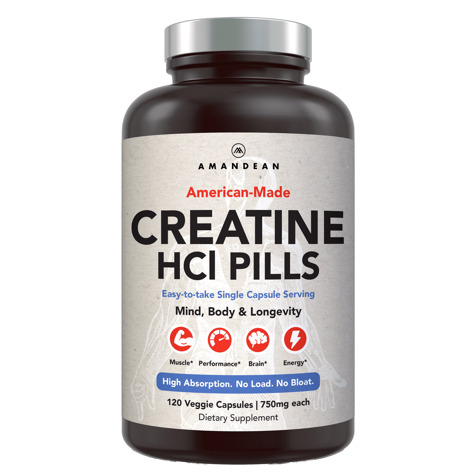 American-Made Creatine HCl (120 Veggie Capsules) Creatine HCl Amandean 