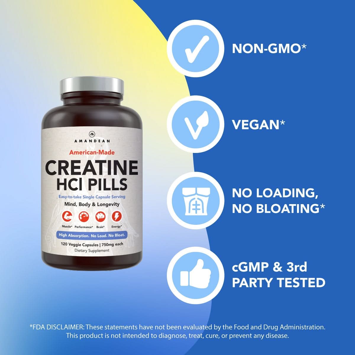 American-Made Creatine HCl (120 Veggie Capsules) Creatine HCl Amandean 