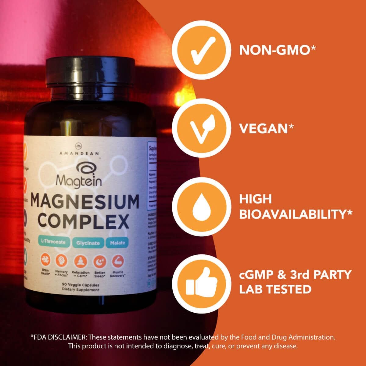 Magnesium L-Threonate Complex With Magtein (90 Veggie Capsules) Magnesium Amandean 