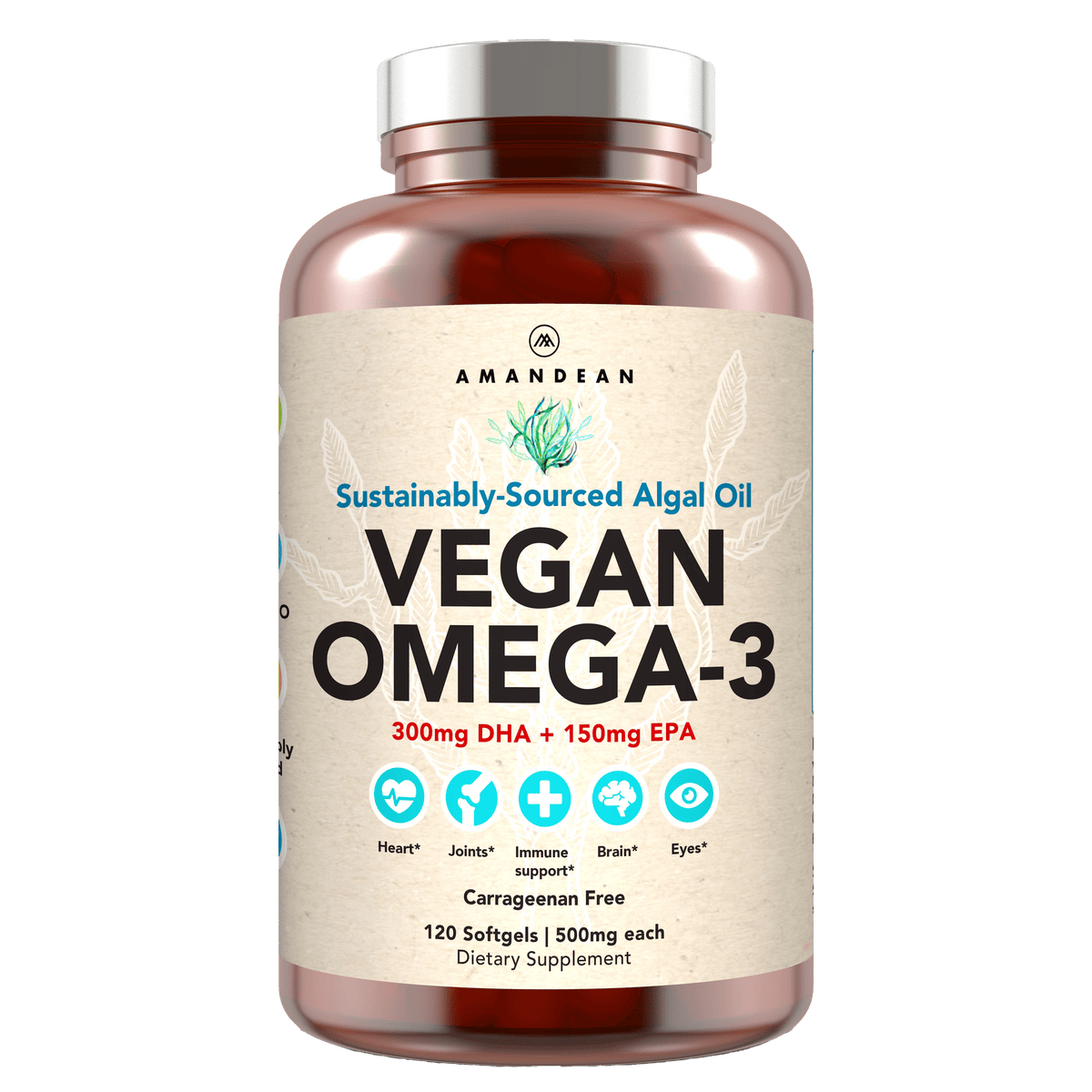 Vegan Omega-3 (DHA + EPA) 500mg Capsules Amandean 120 count
