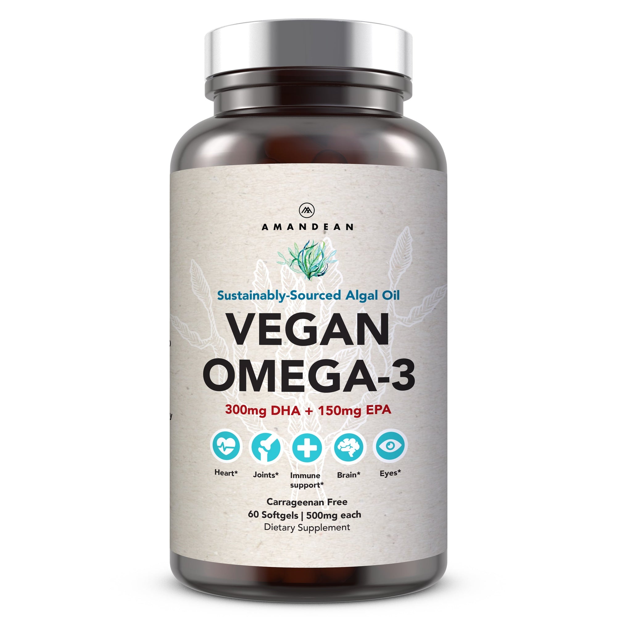 Vegan Omega-3 (DHA + EPA) 500mg Capsules Amandean 60 count 