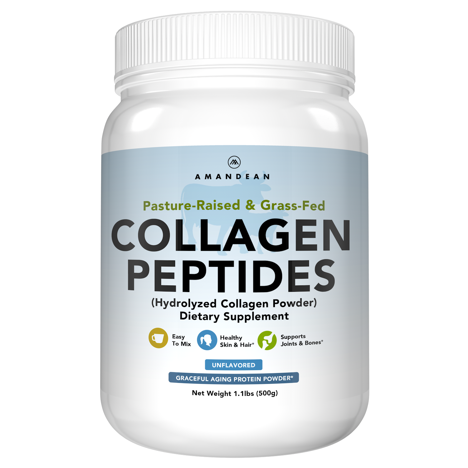 Amandean Grass-Fed, Pasture-Raised unflavored collagen peptides for hair, nails, skin, joints, bones, flexibility, lean muscle, healthy metabolism. Keto and Paleo friendly collagen protein.